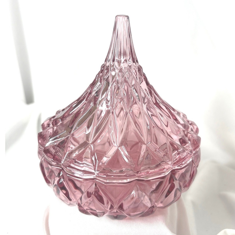 Godinger Blush Glass Hershey Kiss Candy Dish Diamond Quilted Lidded Trinket Jar